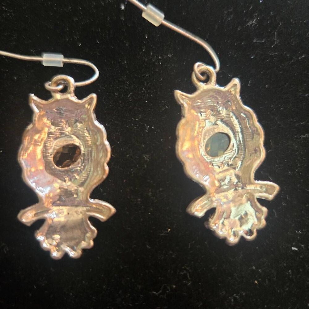 Owl Earrings Drop Silver Dangle Rhinestone Pearls - Picture 4 of 5